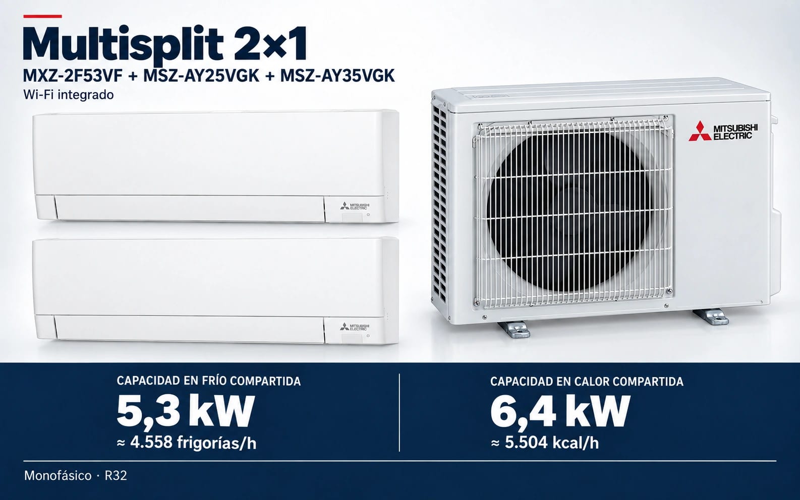 Reparación de aire acondicionado en Fuencarral-El Pardo, Madrid — Representación ilustrativa Multisplit 2×1: MXZ-2F53VF + MSZ-AY25VGK + MSZ-AY35VGK. Capacidad en frío compartida: 5.3 kW, aproximadamente 4558 frigorías por hora. Capacidad en calor: 6.4 kW. Render basado en fotografías de referencia; originales en la galería, no a escala. — Mitsutec