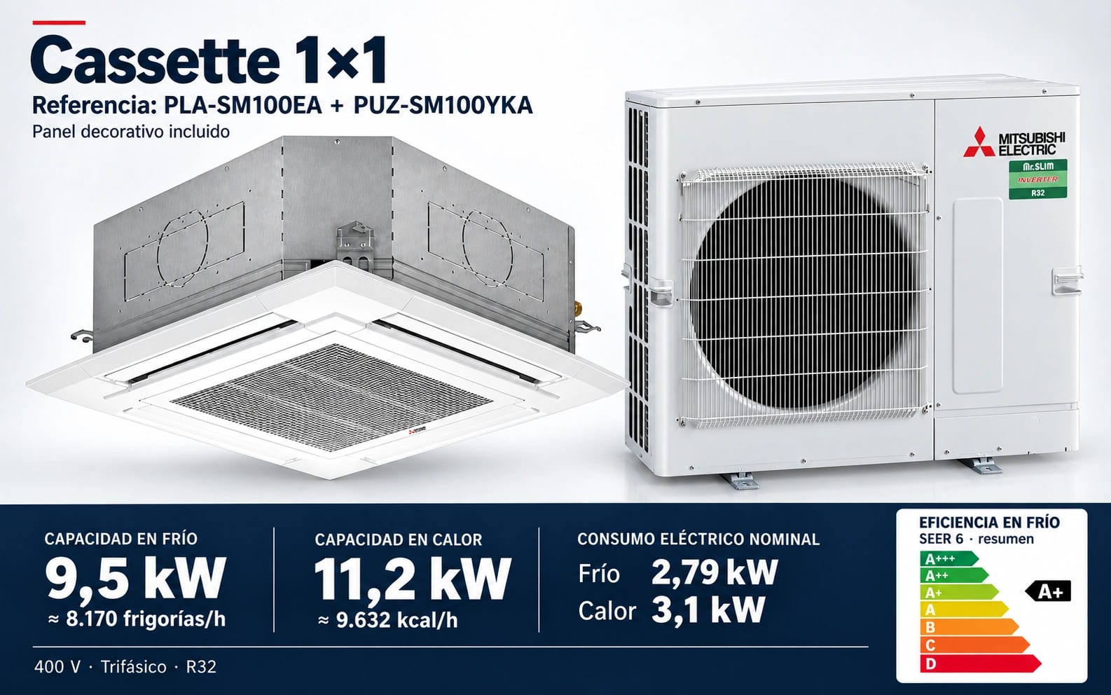 Representación ilustrativa Cassette 1×1: PLA-SM100EA + PUZ-SM100YKA. Capacidad en frío: 9.5 kW, aproximadamente 8170 frigorías por hora. Capacidad en calor: 11.2 kW. Eficiencia en frío A+. Consumo eléctrico nominal: 2.79 kW en frío y 3.1 kW en calor. Panel decorativo incluido. Render basado en fotografías de referencia; originales en la galería, no a escala.