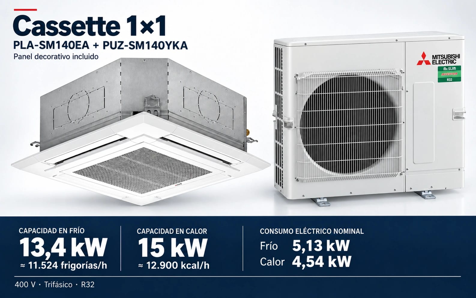 Representación ilustrativa Cassette 1×1: PLA-SM140EA + PUZ-SM140YKA. Capacidad en frío: 13.4 kW, aproximadamente 11524 frigorías por hora. Capacidad en calor: 15 kW. Consumo eléctrico nominal: 5.13 kW en frío y 4.54 kW en calor. Panel decorativo incluido. Render basado en fotografías de referencia; originales en la galería, no a escala.