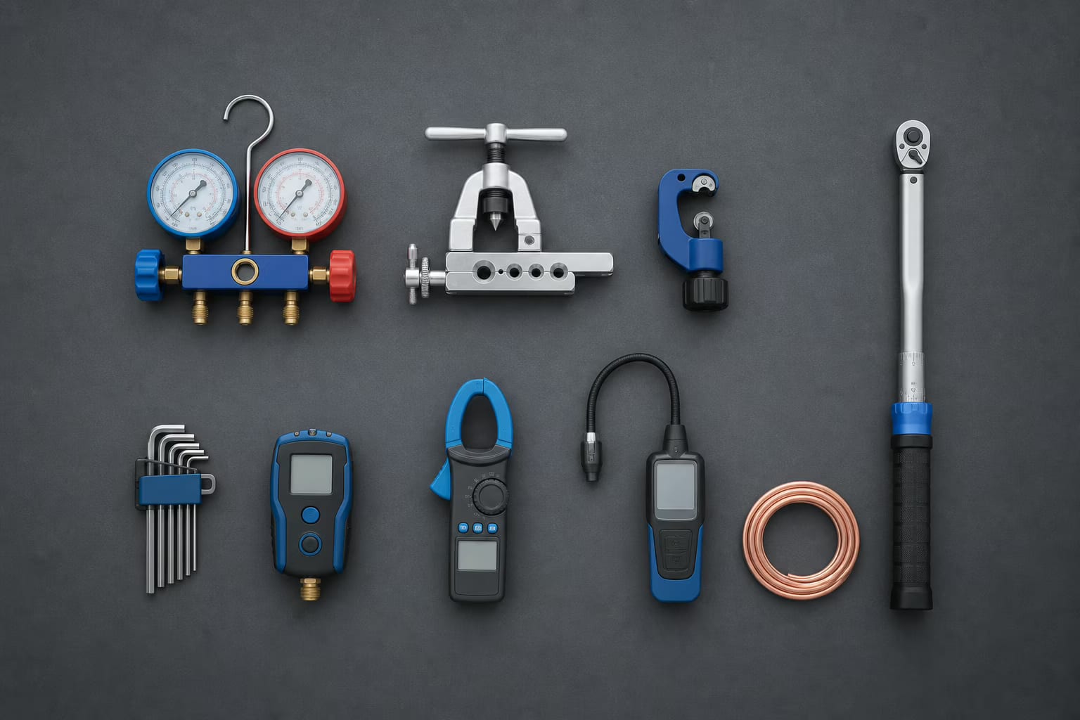 Instrumentos y herramientas ordenados para comprobar una avería de climatización