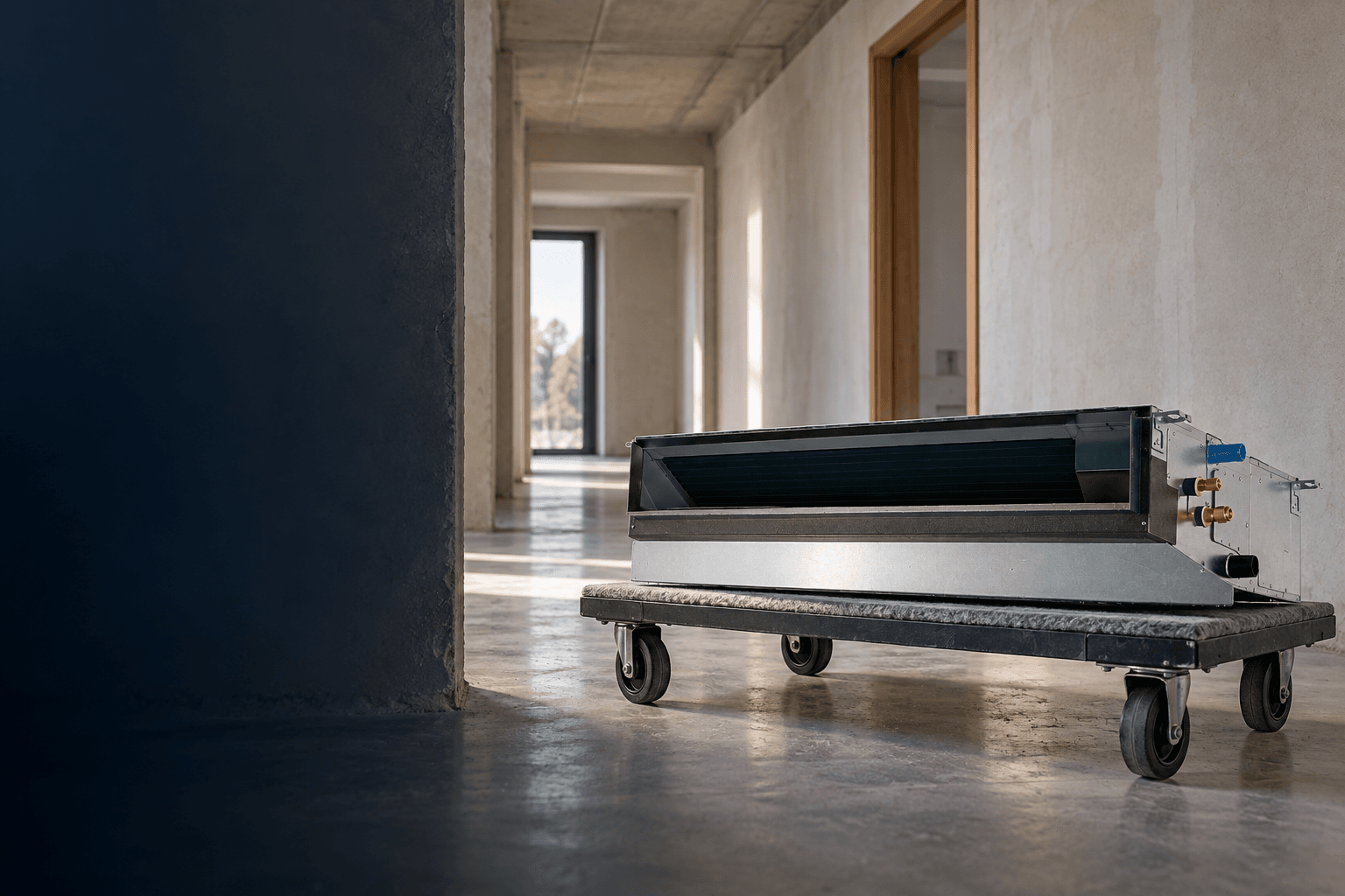 Instalación de aire acondicionado en Alameda de Osuna, Madrid — Unidad interior de conductos sobre carro de transporte, ilustración previa a la instalación de aire acondicionado en Alameda de Osuna — Mitsutec