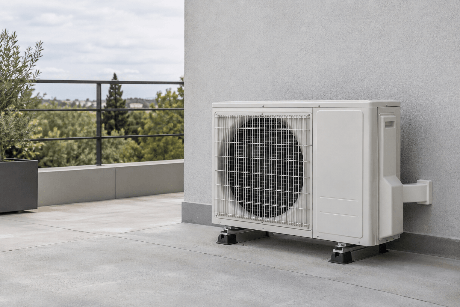 Instalación de aire acondicionado en Alcobendas — Unidad exterior de aire acondicionado junto a una pared clara en una terraza abierta, para planificar la instalación en Alcobendas — Mitsutec
