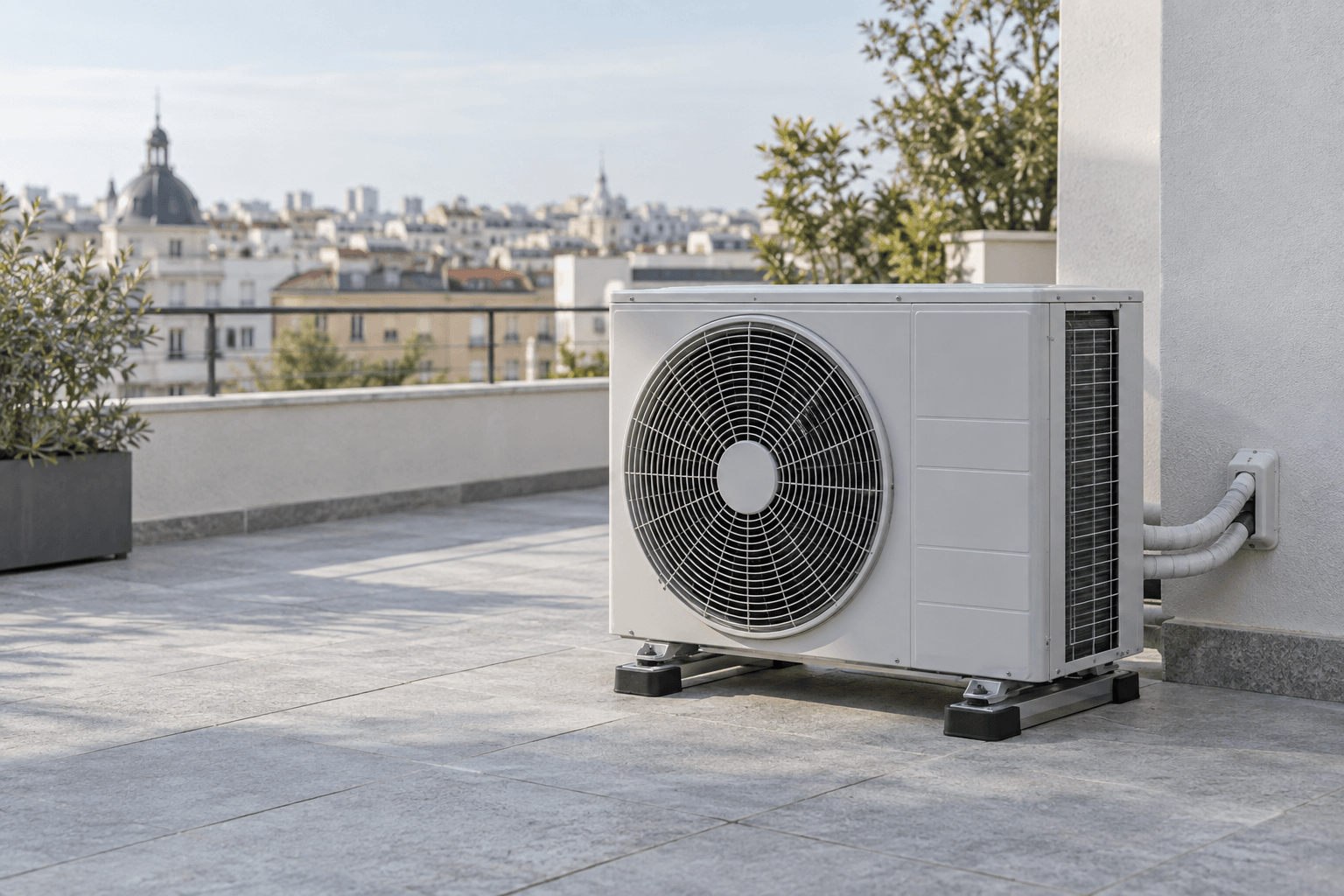 Reparación de aire acondicionado en Chamberí, Madrid — Unidad exterior de aire acondicionado en una terraza abierta con luz suave, para reparación en Chamberí — Mitsutec