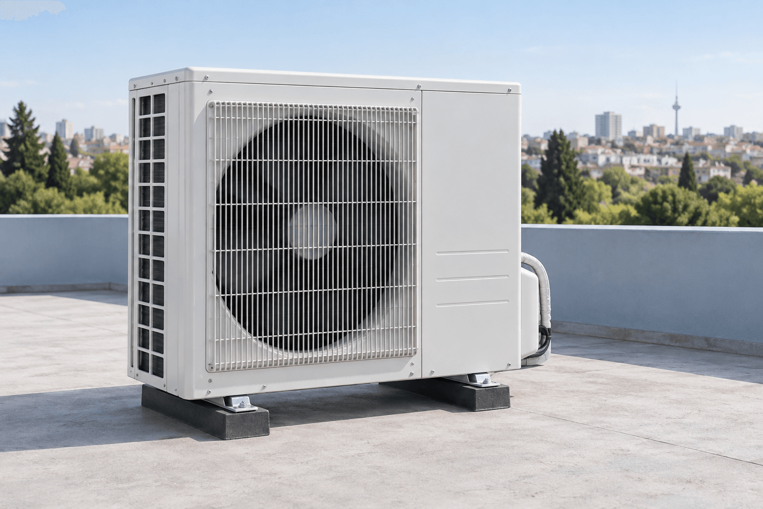 Mantenimiento de aire acondicionado en Ciudad Lineal, Madrid — Unidad exterior de aire acondicionado en una azotea abierta con luz suave, para mantenimiento en Ciudad Lineal, Madrid — Mitsutec