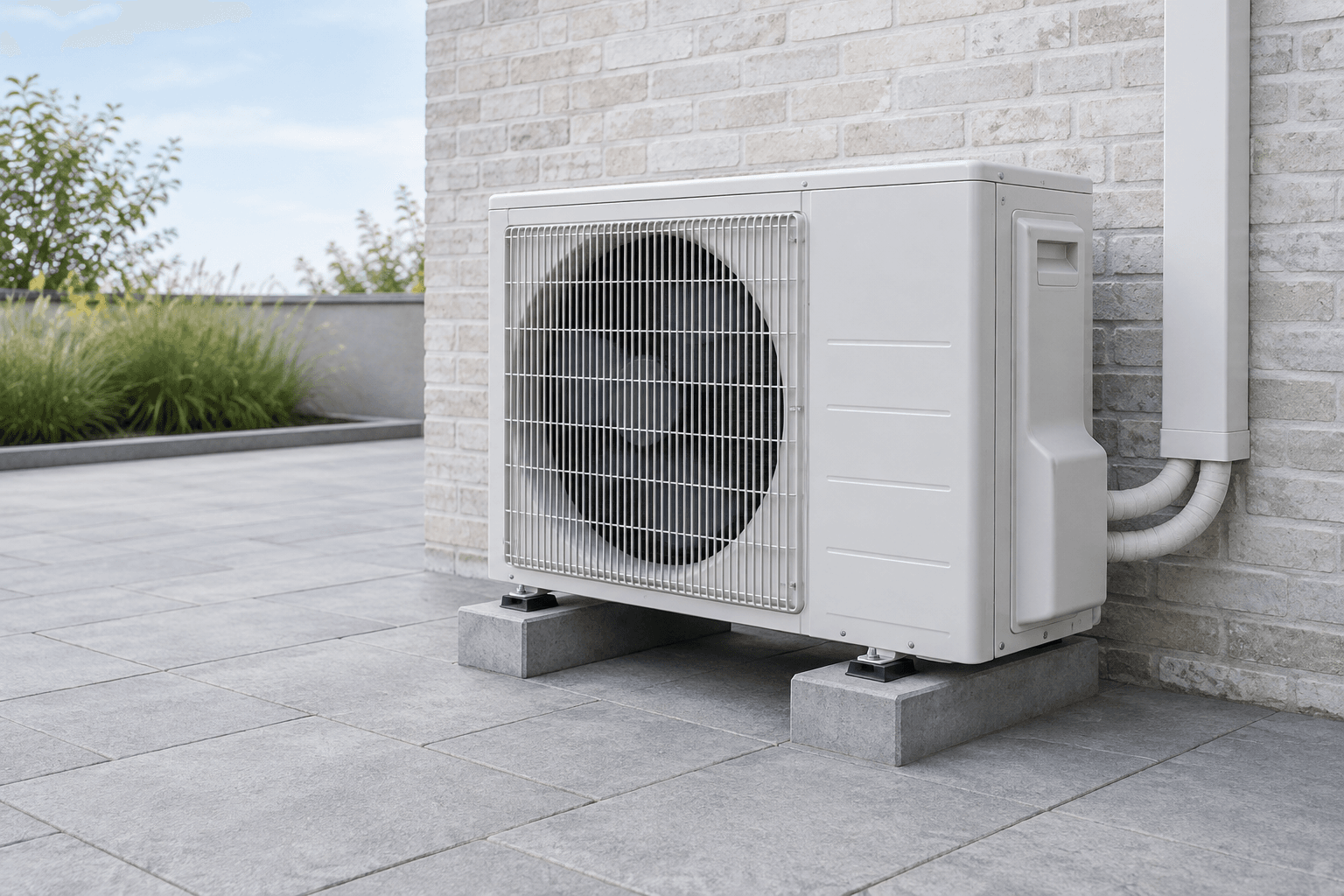 Carga de gas para aire acondicionado en Ciudad Lineal, Madrid — Unidad exterior de aire acondicionado en un patio abierto de tonos claros, para revisión y carga de refrigerante en Ciudad Lineal, Madrid — Mitsutec