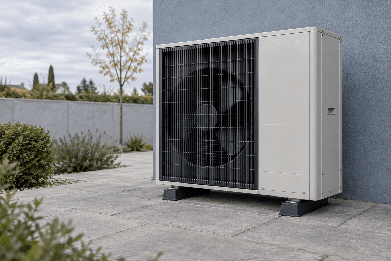 Reparación de aerotermia Ecodan Mitsubishi Electric en Ciudad Lineal, Madrid — Unidad exterior de aerotermia aire-agua en un patio abierto de pared azul grisácea, para reparación Ecodan en Ciudad Lineal — Mitsutec