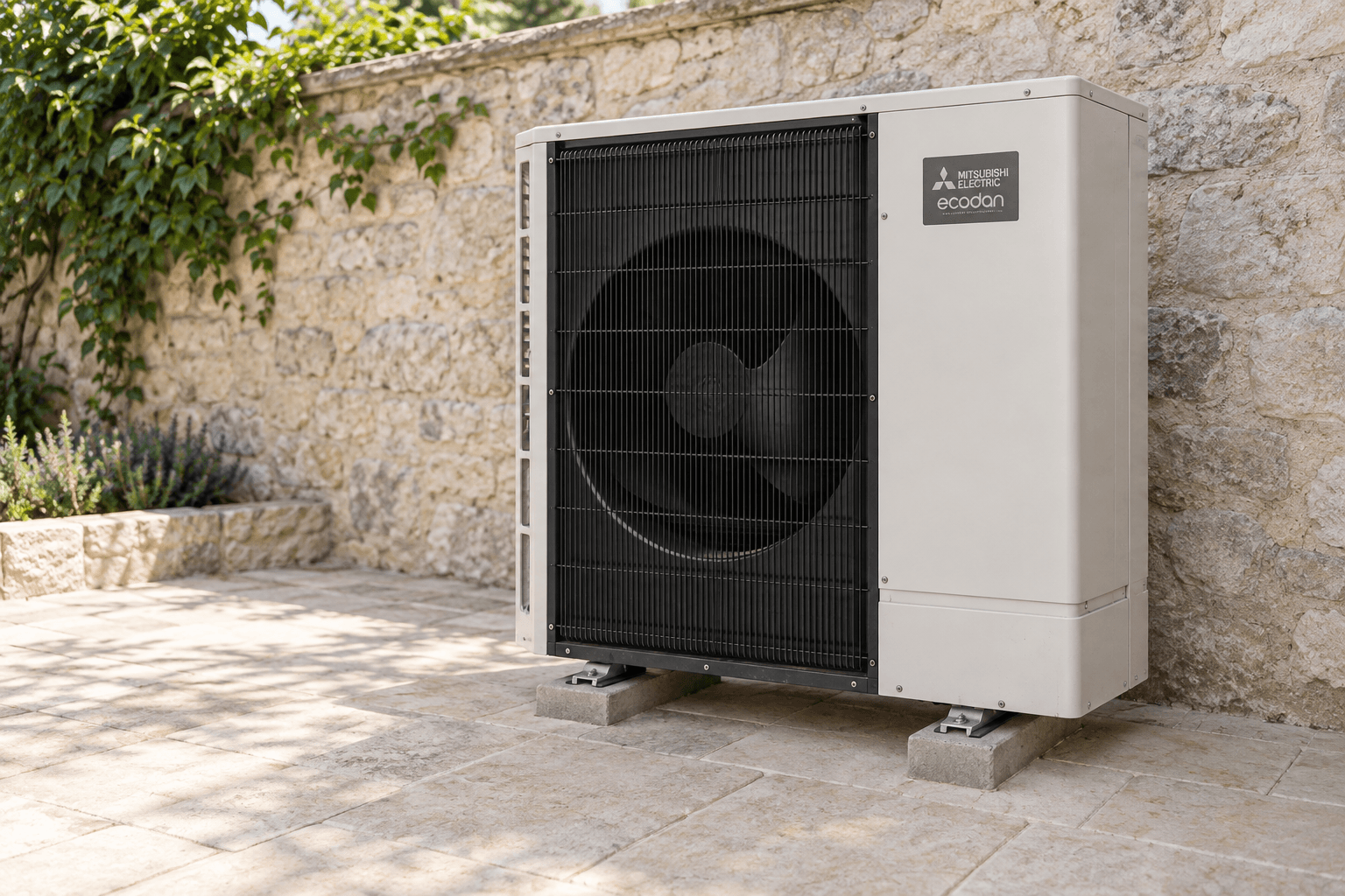 Reparación de aerotermia Ecodan Mitsubishi Electric en Tetuán, Madrid — Unidad exterior de aerotermia aire-agua en un patio de piedra y vegetación, para reparación Ecodan en Tetuán — Mitsutec