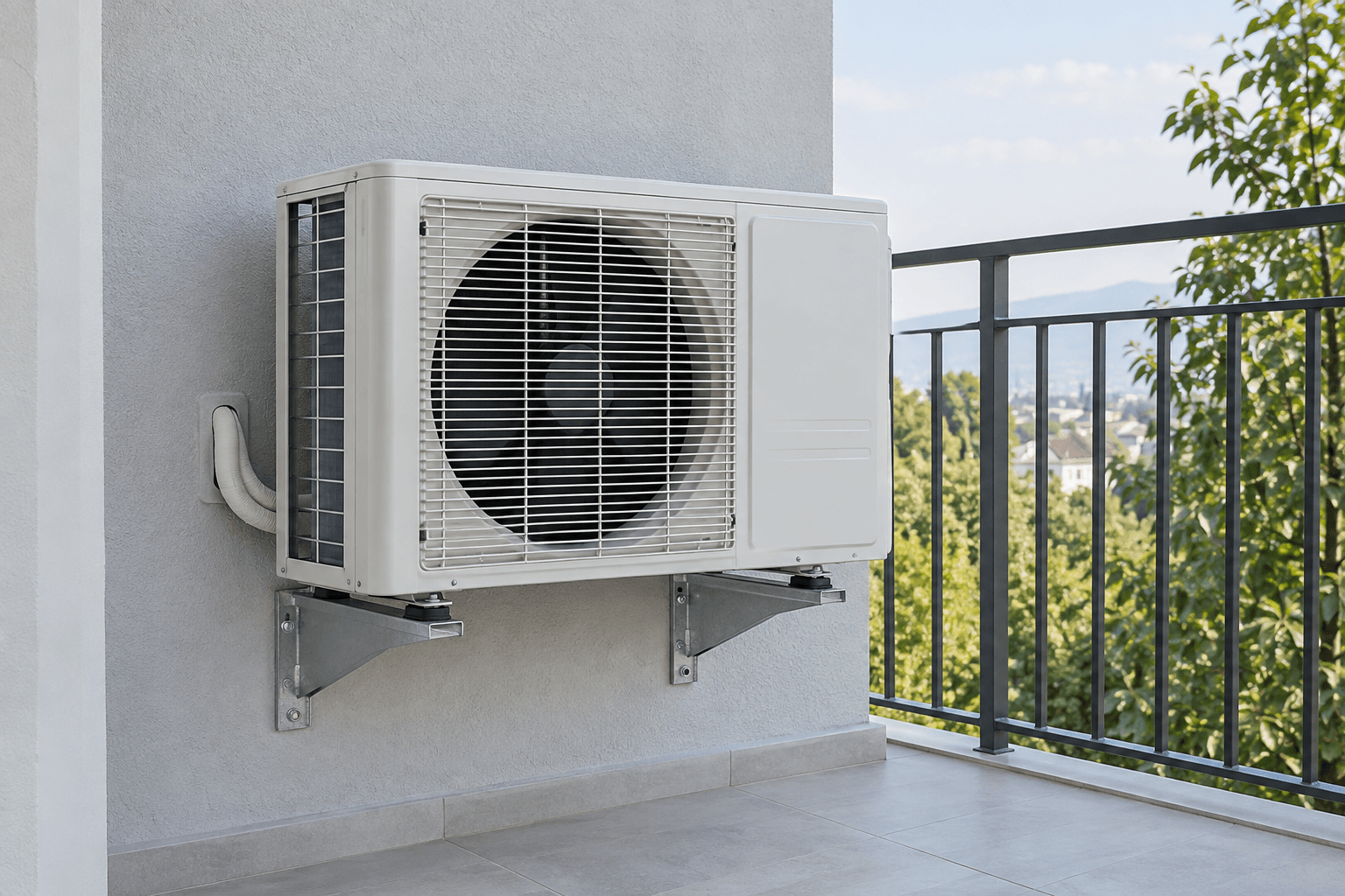Carga de gas para aire acondicionado en Fuencarral-El Pardo, Madrid — Unidad exterior de aire acondicionado en un balcón abierto, para diagnóstico y carga de refrigerante en Fuencarral-El Pardo, Madrid — Mitsutec
