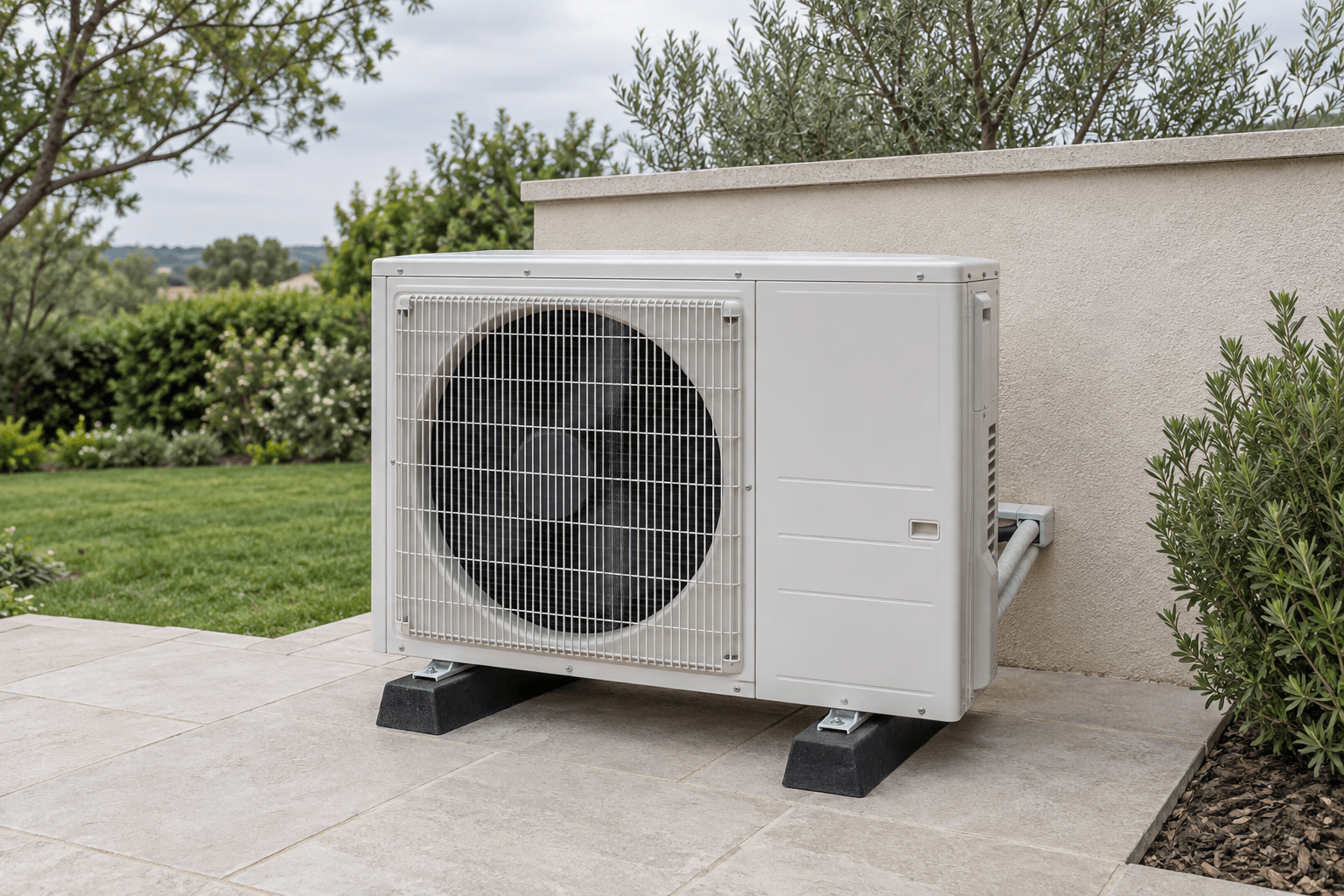 Carga de gas para aire acondicionado en Hortaleza, Madrid — Unidad exterior de aire acondicionado junto a un jardín, para revisión del circuito y carga de refrigerante en Hortaleza, Madrid — Mitsutec