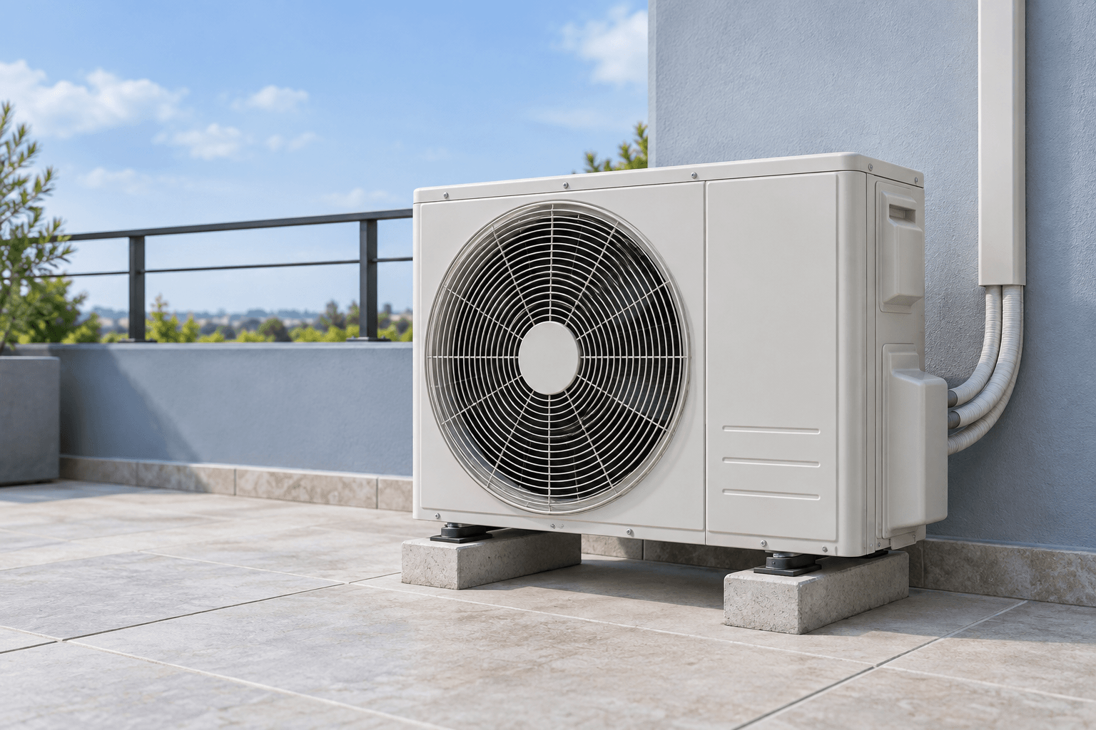 Recarga de gas de aire acondicionado en Madrid — Unidad exterior de aire acondicionado con conducciones protegidas en una terraza abierta, para revisión del circuito refrigerante en Madrid — Mitsutec