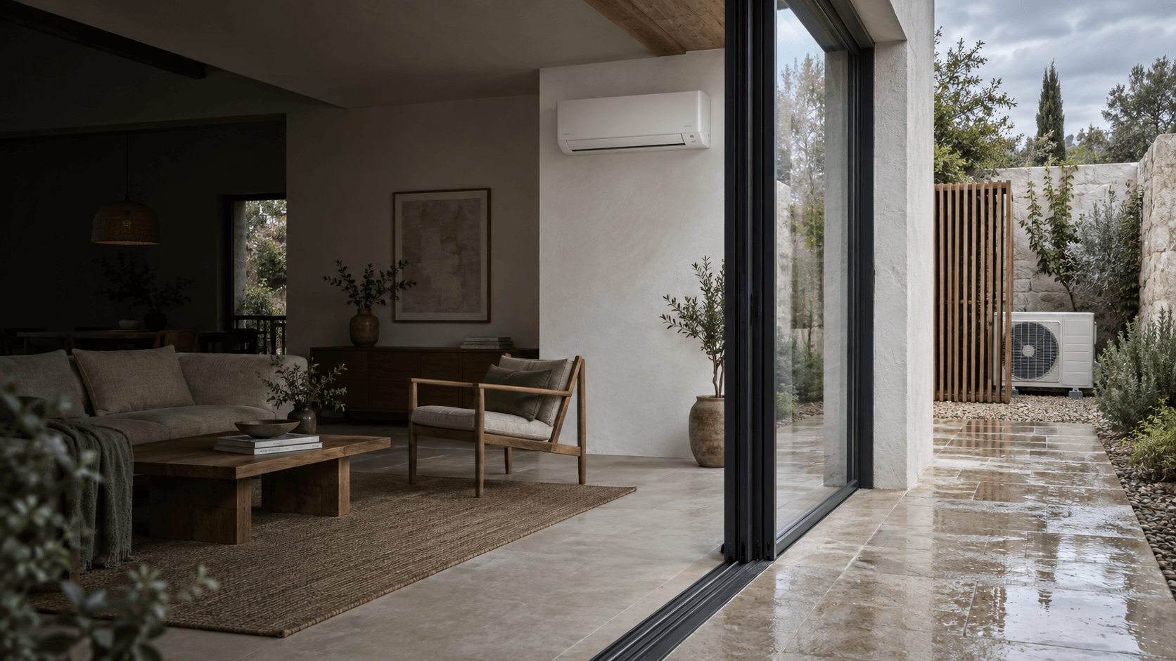 Instalación de aire acondicionado en Pozuelo de Alarcón — Split mural interior y unidad exterior completa separados por una galería acristalada junto al jardín — Mitsutec