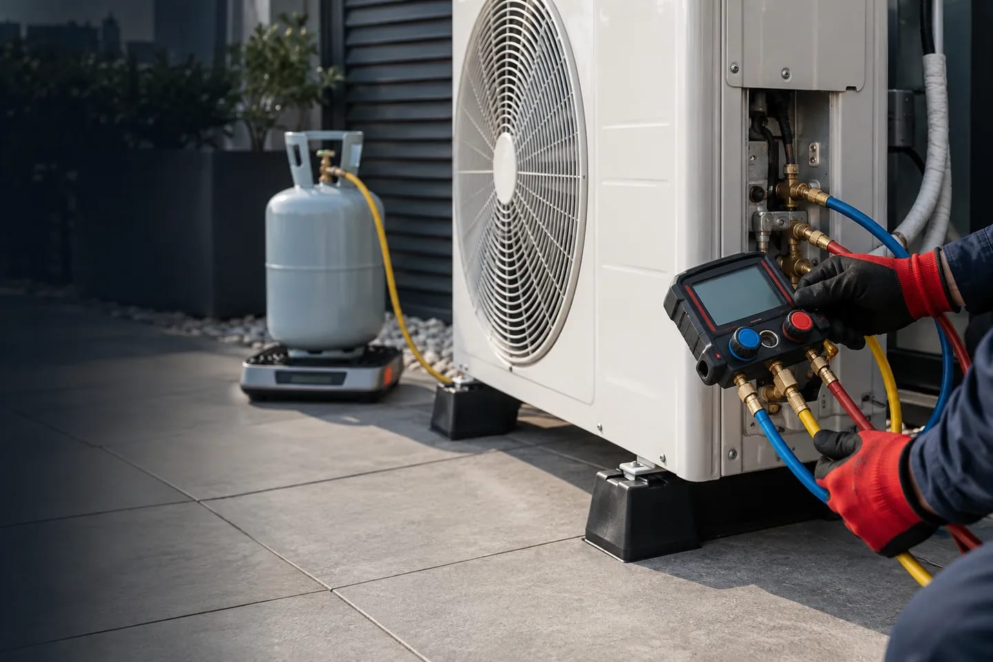 Reparación de aire acondicionado en Centro — Ilustración comercial de revisión del refrigerante con manómetro digital y báscula en una unidad exterior; carga de gas de aire acondicionado en Centro — Mitsutec