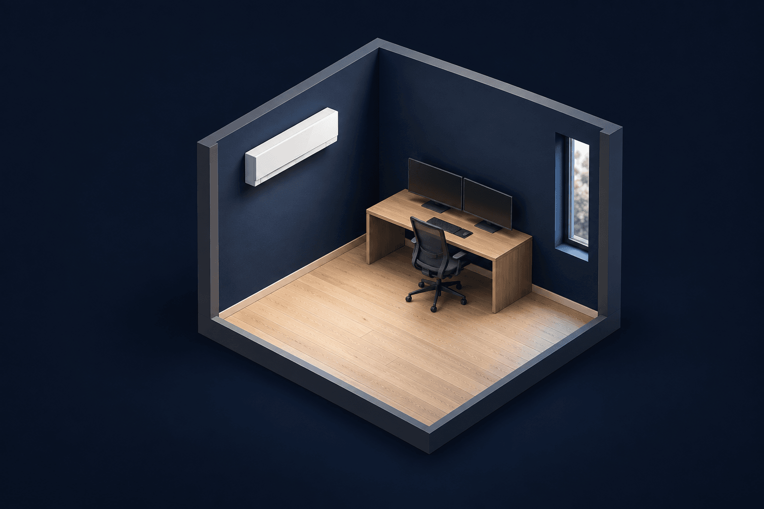 Instalación de aire acondicionado en Las Rejas, Madrid — Maqueta de un despacho con mesa, silla y split mural, para instalación de aire acondicionado en Rejas — Mitsutec