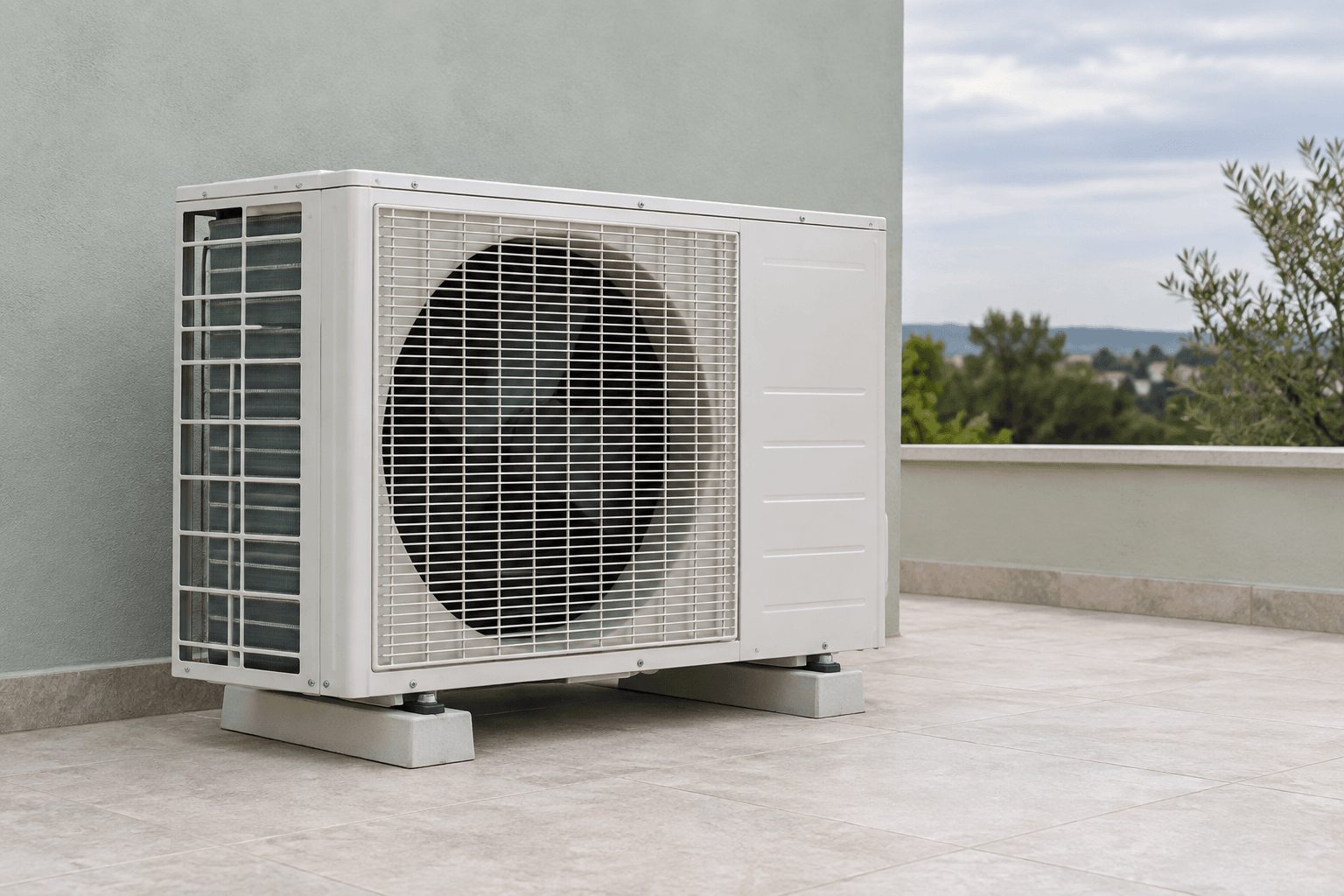 Mantenimiento de aire acondicionado en Barrio de Salamanca, Madrid — Unidad exterior de aire acondicionado en una terraza abierta de pared verde suave, para mantenimiento en Salamanca, Madrid — Mitsutec