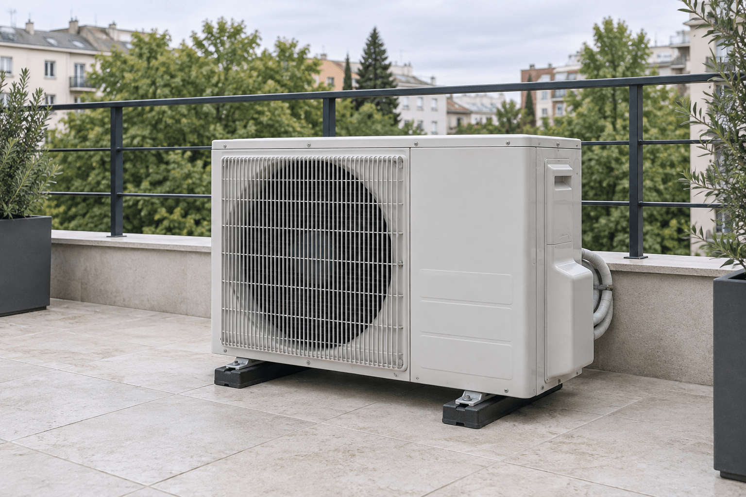 Carga de gas para aire acondicionado en Salamanca, Madrid — Unidad exterior de aire acondicionado en una terraza luminosa con barandilla abierta, para diagnóstico de refrigerante en Salamanca, Madrid — Mitsutec