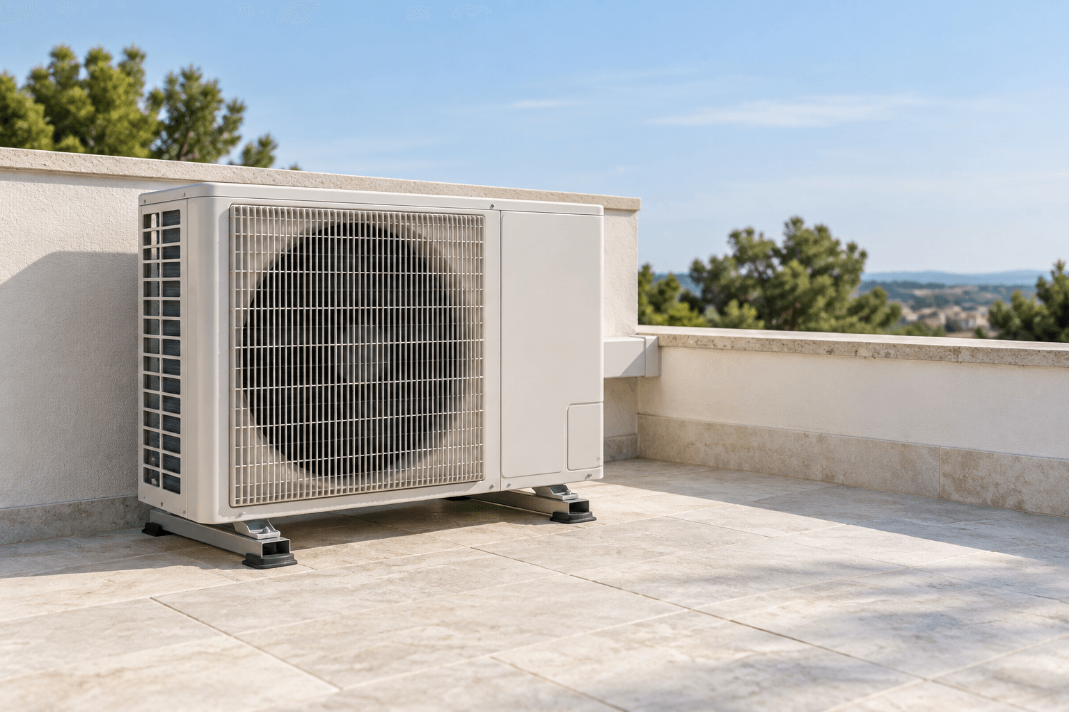 Carga de gas para aire acondicionado en San Blas-Canillejas, Madrid — Unidad exterior de aire acondicionado en una azotea clara con vegetación al fondo, para revisión y carga de refrigerante en San Blas-Canillejas, Madrid — Mitsutec