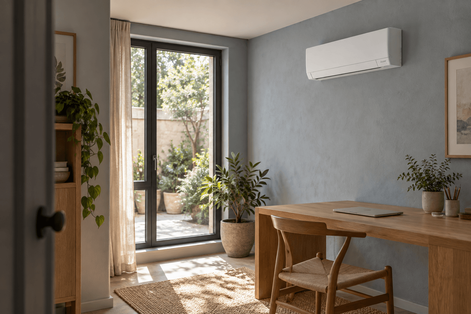 Instalación de aire acondicionado en San Fernando de Henares — Split mural integrado en un estudio con luz de patio, propuesta visual para la instalación de aire acondicionado en San Fernando de Henares — Mitsutec