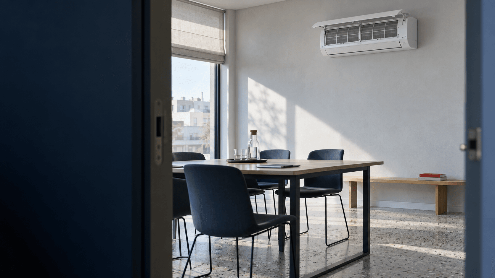 Mantenimiento de aire acondicionado en San Fernando de Henares — Split mural completo con la tapa abierta y los filtros visibles en una sala luminosa — Mitsutec