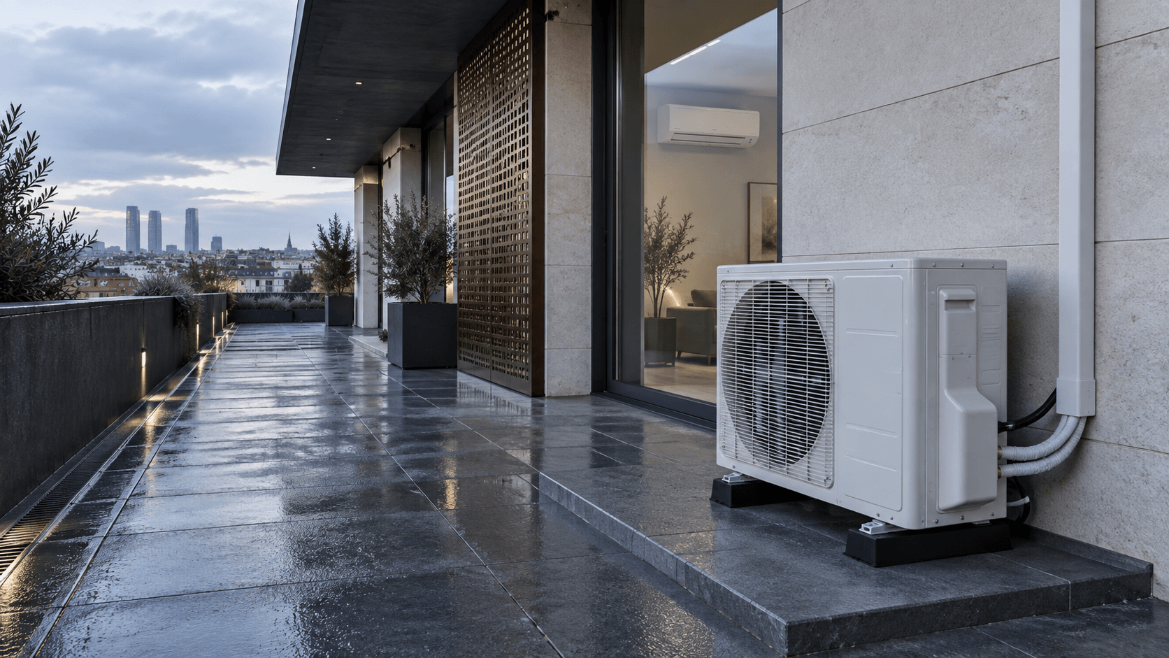 Mantenimiento de aire acondicionado en San Sebastián de los Reyes — Unidad exterior completa en una logia tras la lluvia, con acceso despejado para mantenimiento — Mitsutec