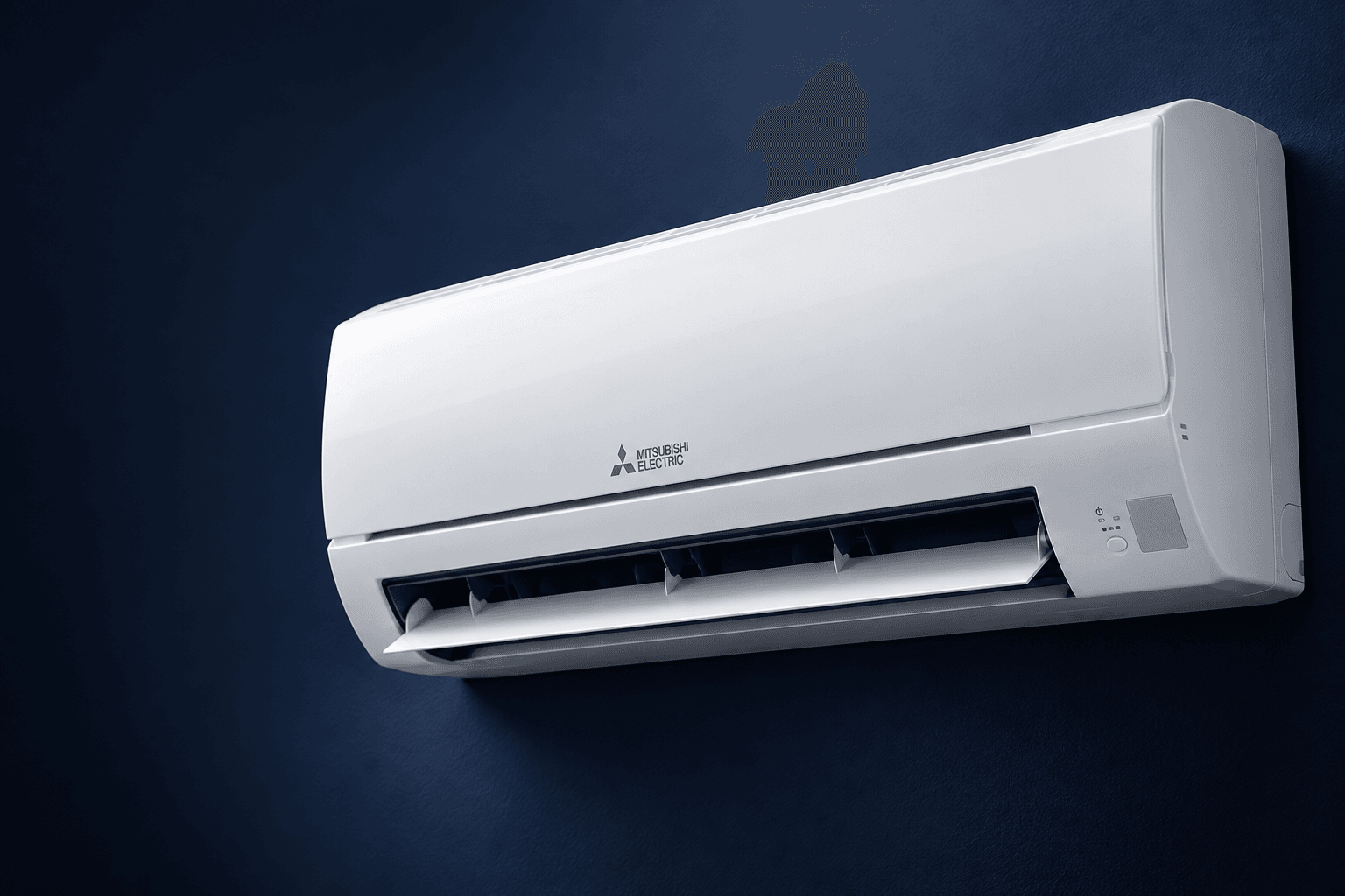 Reparación de aire acondicionado en Las Tablas, Madrid — Detalle de la salida de aire de un split Mitsubishi Electric, ilustración sobre caudal y reparación en Las Tablas — Mitsutec