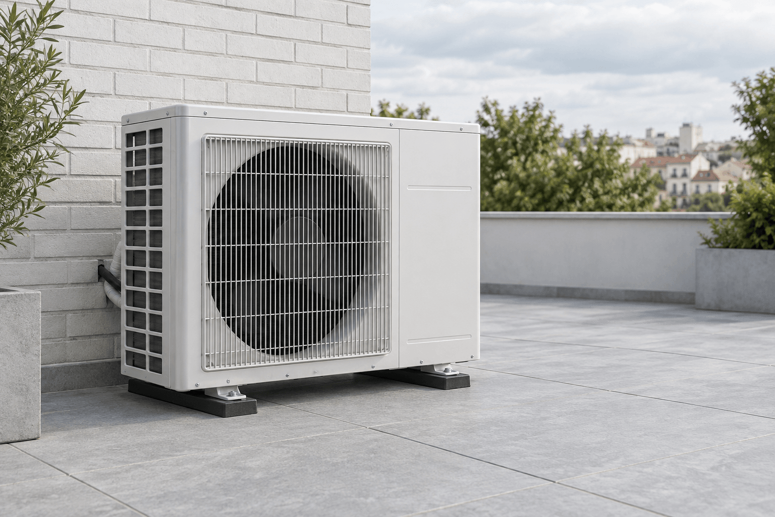 Mantenimiento de aire acondicionado en Tetuán, Madrid — Unidad exterior de aire acondicionado en una terraza de ladrillo blanco con espacio despejado, para mantenimiento en Tetuán, Madrid — Mitsutec