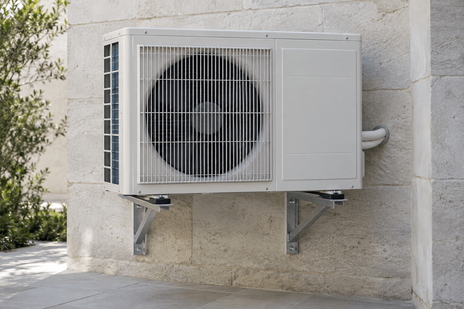 Carga de gas para aire acondicionado en Tetuán, Madrid — Unidad exterior de aire acondicionado sobre soportes en un patio abierto, para diagnóstico de pérdidas de refrigerante en Tetuán, Madrid — Mitsutec