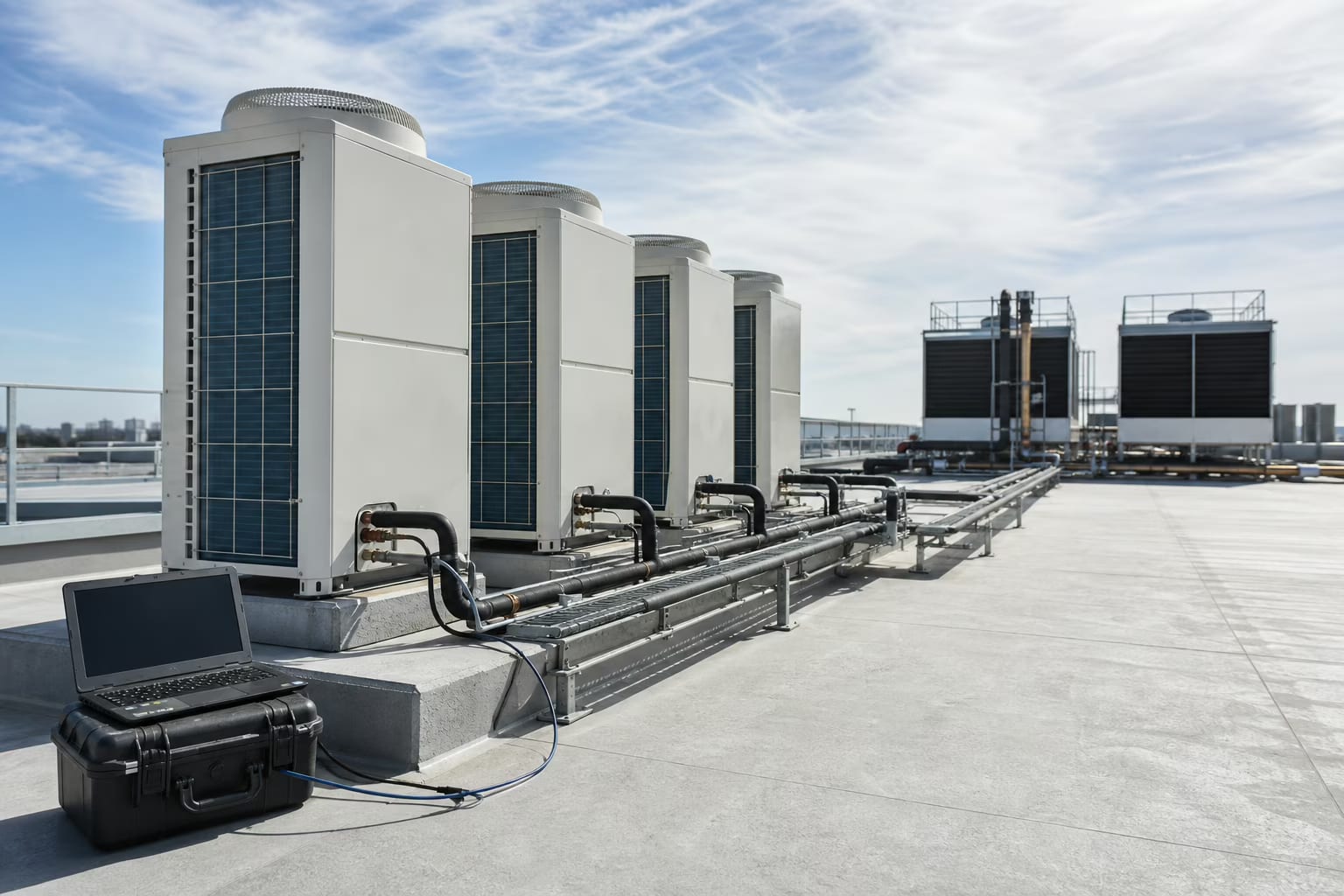 Cuatro unidades exteriores VRF alineadas sobre bancadas en la cubierta técnica de un edificio de oficinas
