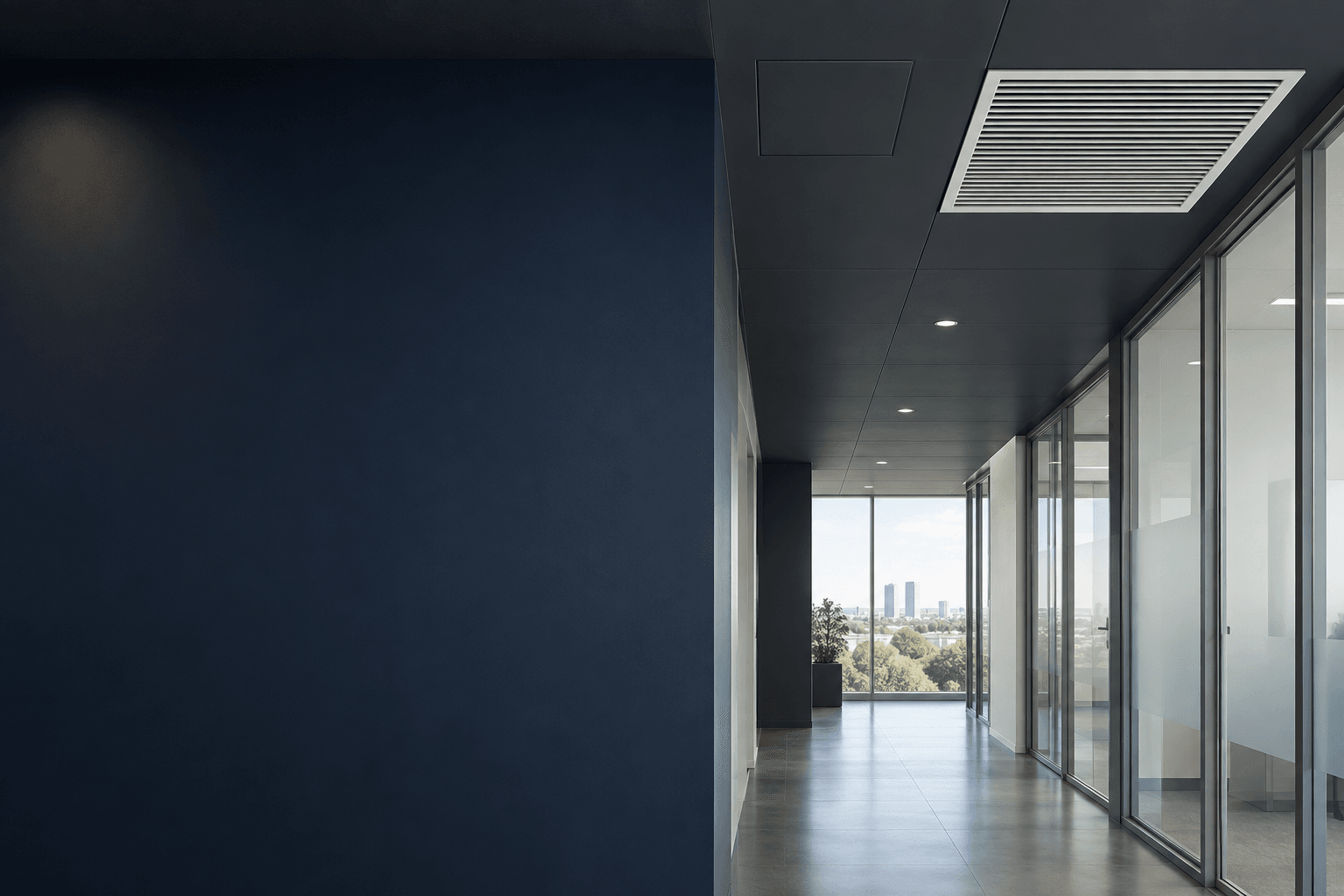 Mantenimiento de aire acondicionado en Alcobendas — Rejilla de retorno y registro cerrado en un pasillo de oficinas, para coordinar el mantenimiento de aire acondicionado en Alcobendas — Mitsutec