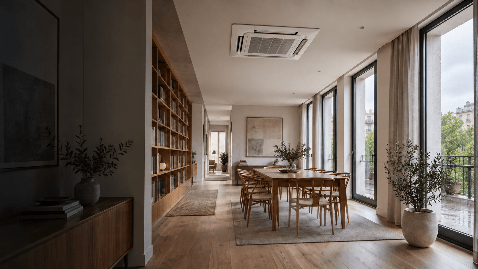 Mantenimiento de aire acondicionado en Aravaca, Madrid — Cassette de aire acondicionado completo en el techo de una galería interior luminosa — Mitsutec