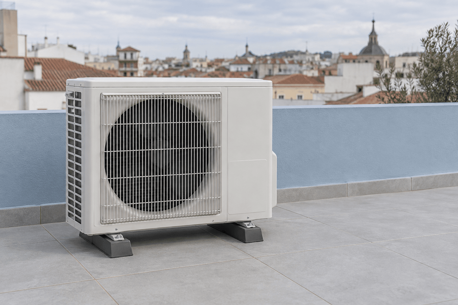 Mantenimiento de aire acondicionado en Centro, Madrid — Unidad exterior de aire acondicionado en una azotea abierta de pretil azul claro, para mantenimiento en Centro, Madrid — Mitsutec