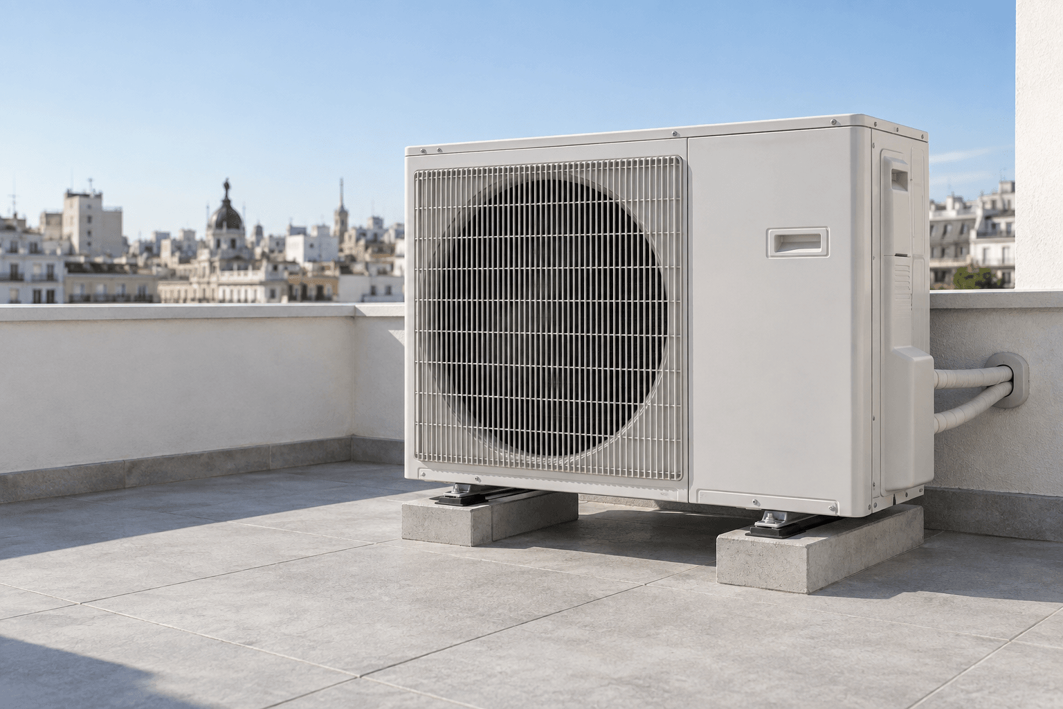 Carga de gas para aire acondicionado en Centro, Madrid — Unidad exterior de aire acondicionado en una azotea abierta y luminosa, para revisión del circuito refrigerante en Centro, Madrid — Mitsutec