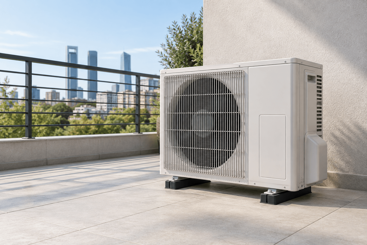 Mantenimiento de aire acondicionado en Chamartín, Madrid — Unidad exterior de aire acondicionado en una terraza abierta con barandilla y árboles, para mantenimiento en Chamartín, Madrid — Mitsutec