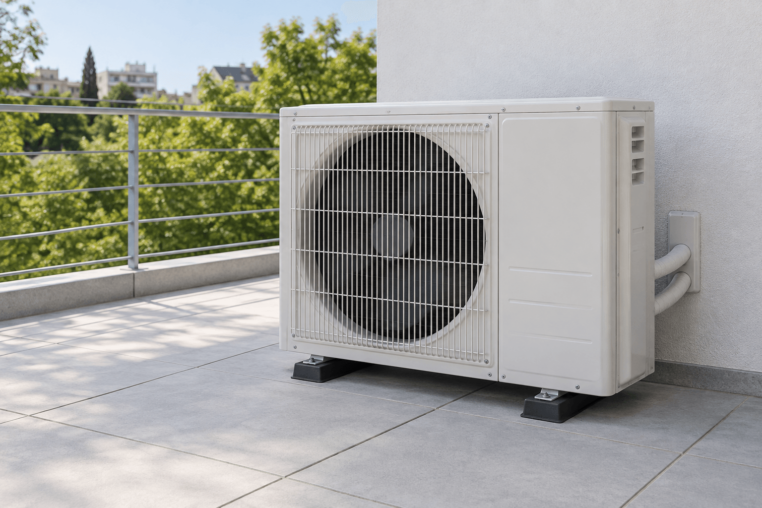 Carga de gas para aire acondicionado en Chamartín, Madrid — Unidad exterior de aire acondicionado en una terraza abierta con vegetación, para revisión y carga de refrigerante en Chamartín, Madrid — Mitsutec