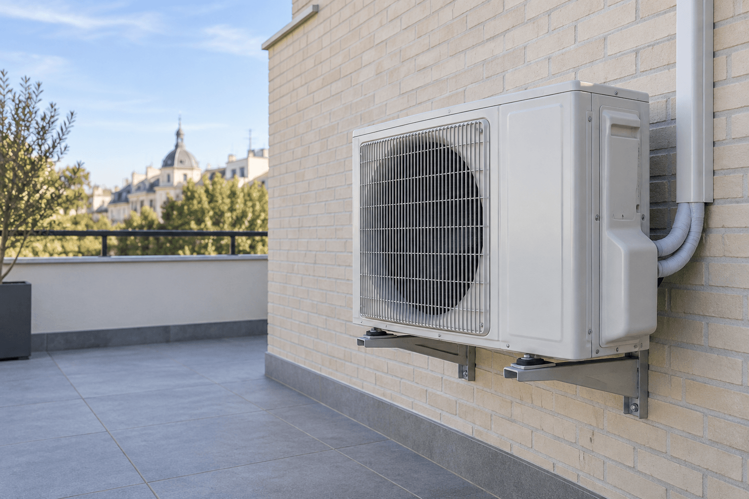 Mantenimiento de aire acondicionado en Chamberí, Madrid — Unidad exterior de aire acondicionado sobre soportes en una terraza de ladrillo claro, para mantenimiento en Chamberí, Madrid — Mitsutec