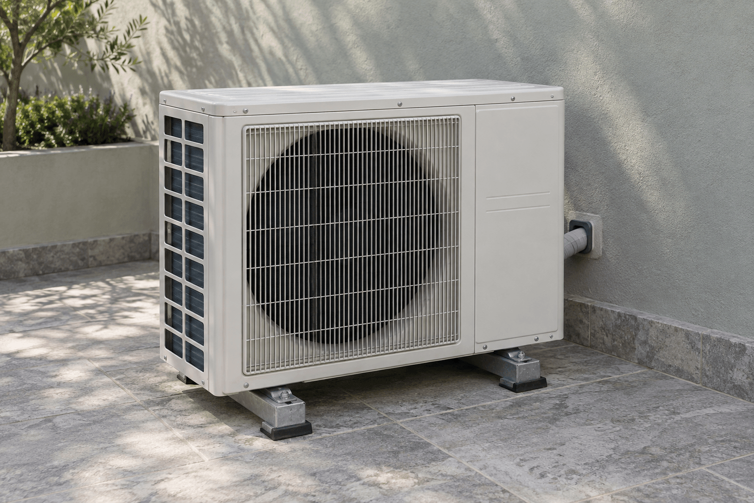 Carga de gas para aire acondicionado en Chamberí, Madrid — Unidad exterior de aire acondicionado en un patio abierto con luz natural, para revisión de refrigerante en Chamberí, Madrid — Mitsutec