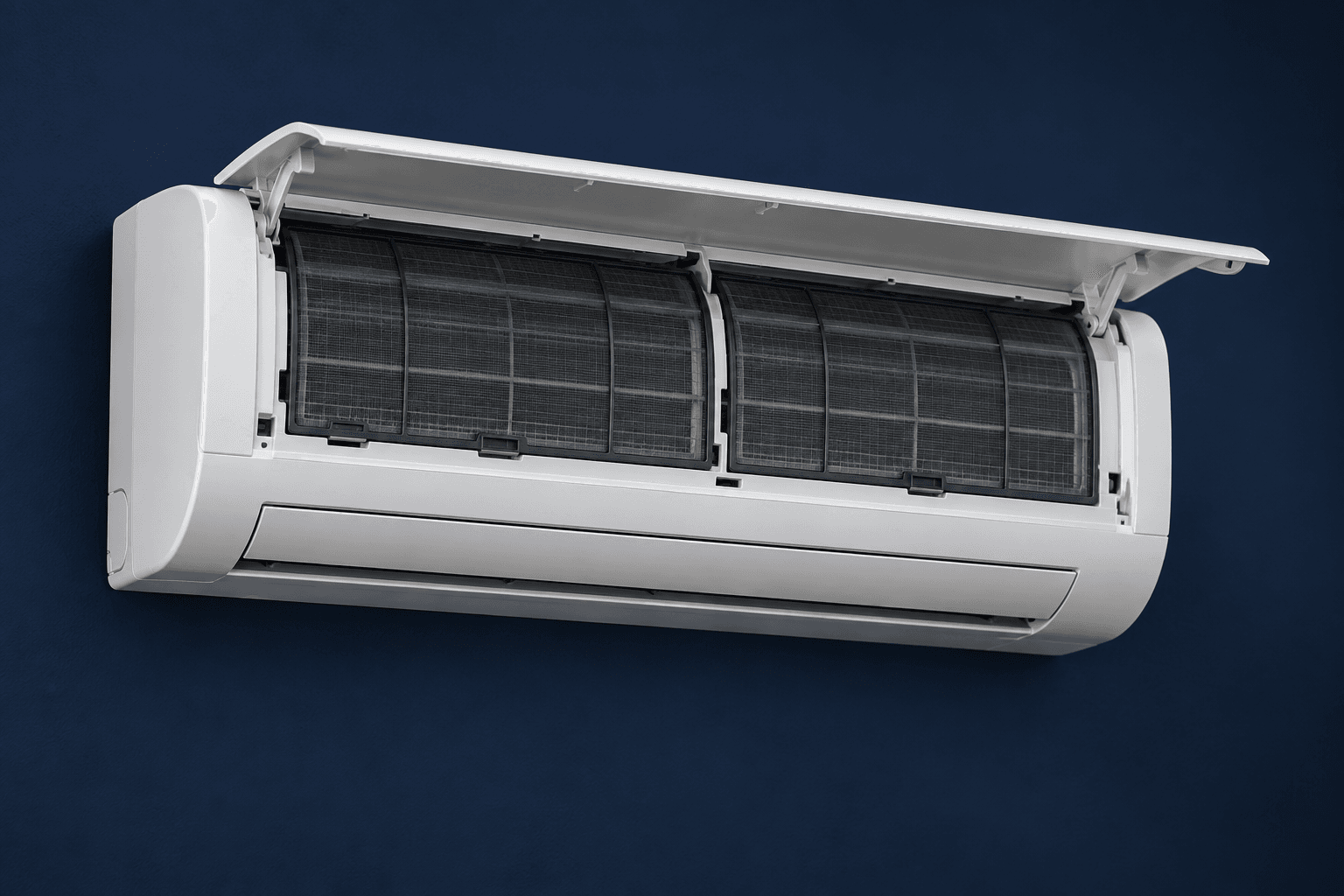 Mantenimiento de aire acondicionado en Coslada — Split de aire acondicionado con panel frontal levantado y filtros visibles, ilustración del servicio de mantenimiento en Coslada — Mitsutec