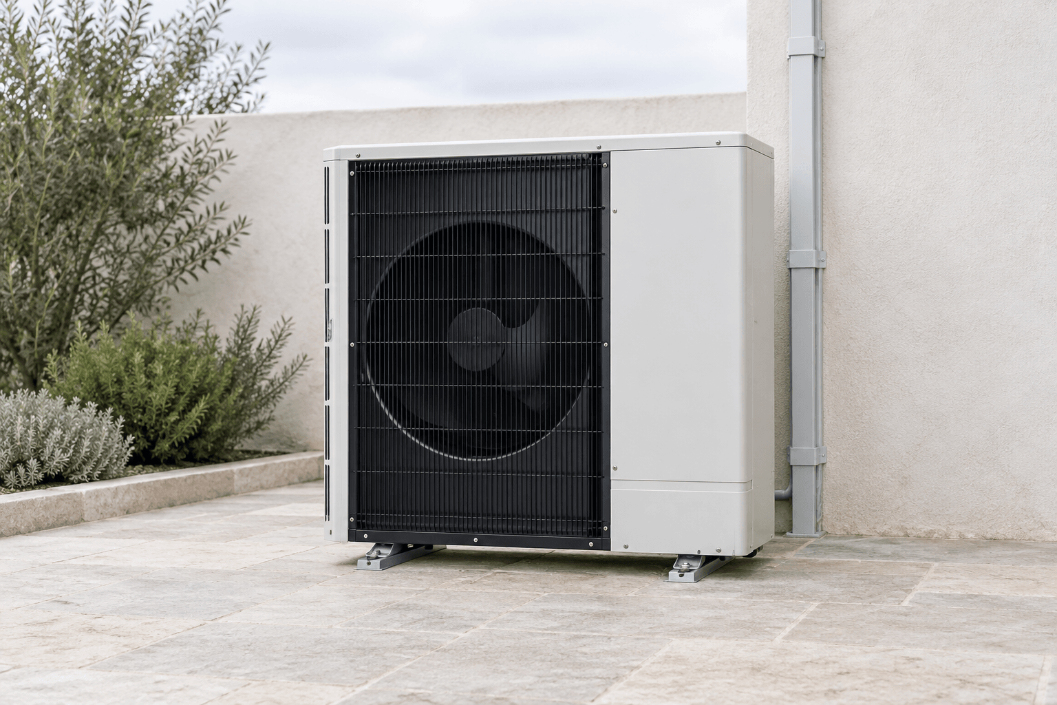Reparación de aerotermia Ecodan Mitsubishi Electric en Centro, Madrid — Bomba de calor aire-agua junto a un muro claro en un patio abierto, para reparación de aerotermia Ecodan en el distrito Centro — Mitsutec