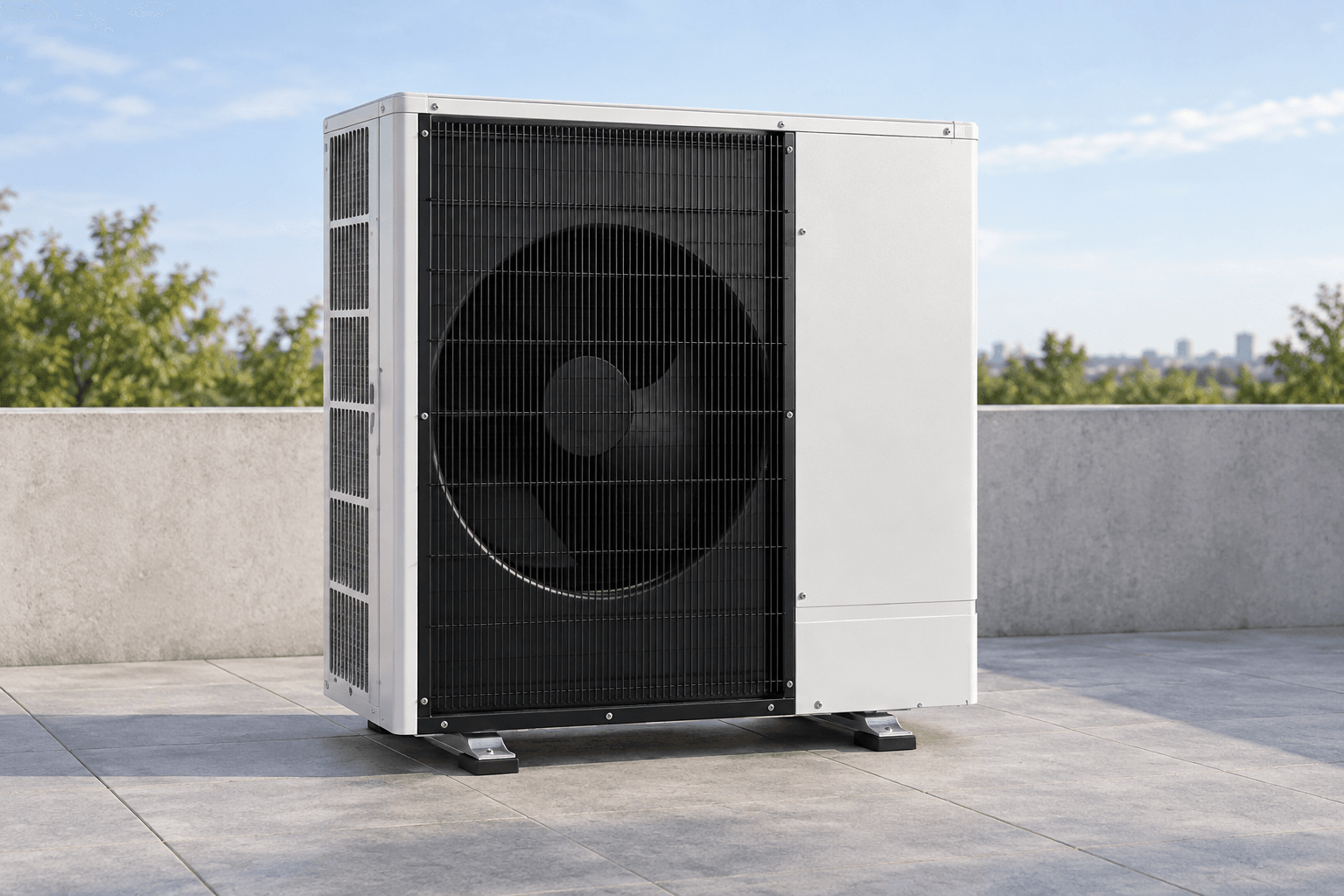 Reparación de aerotermia Ecodan Mitsubishi Electric en Chamartín, Madrid — Unidad exterior de aerotermia aire-agua en una terraza abierta de tonos grises, para reparación Ecodan en Chamartín — Mitsutec