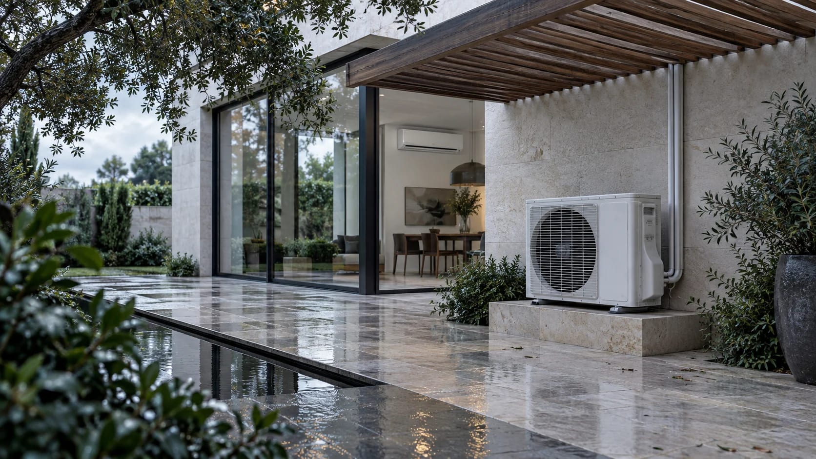 Mantenimiento de aire acondicionado en Majadahonda — Condensadora completa en un patio de piedra tras la lluvia y split mural visible en el interior — Mitsutec