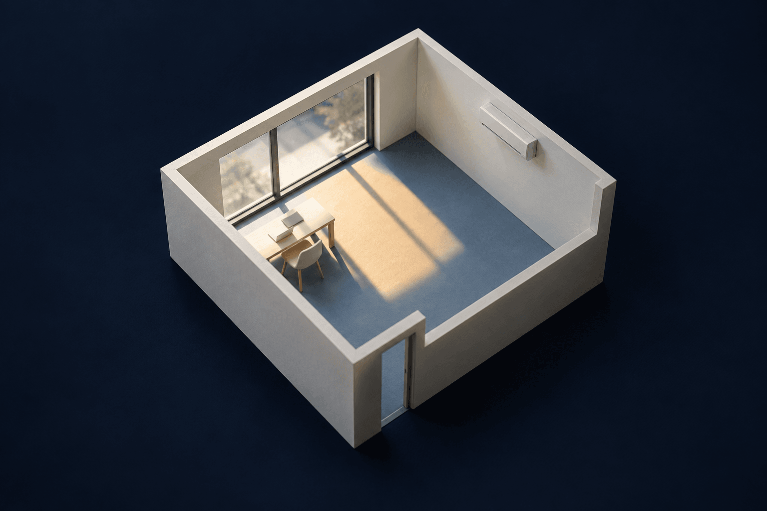 Instalación de aire acondicionado en Montecarmelo, Madrid — Maqueta de una habitación con ventanal, zona soleada y split, para valorar la instalación de aire acondicionado en Montecarmelo — Mitsutec