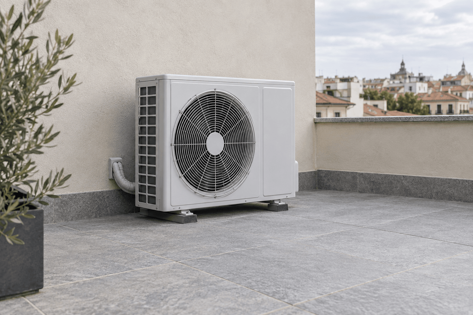 Reparación de aire acondicionado en Barrio de Salamanca, Madrid — Unidad exterior de aire acondicionado completa en una terraza abierta de tonos naturales, para reparación en Salamanca, Madrid — Mitsutec
