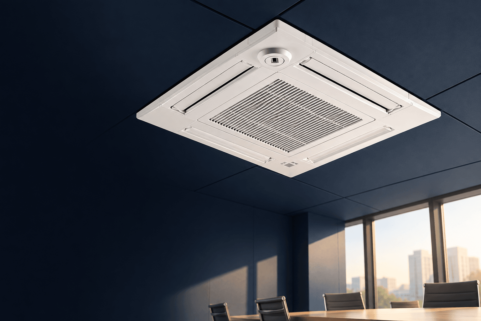 Mantenimiento de aire acondicionado en Las Tablas, Madrid — Cassette de techo sobre una sala sin ocupantes, para organizar el mantenimiento de aire acondicionado en Las Tablas — Mitsutec