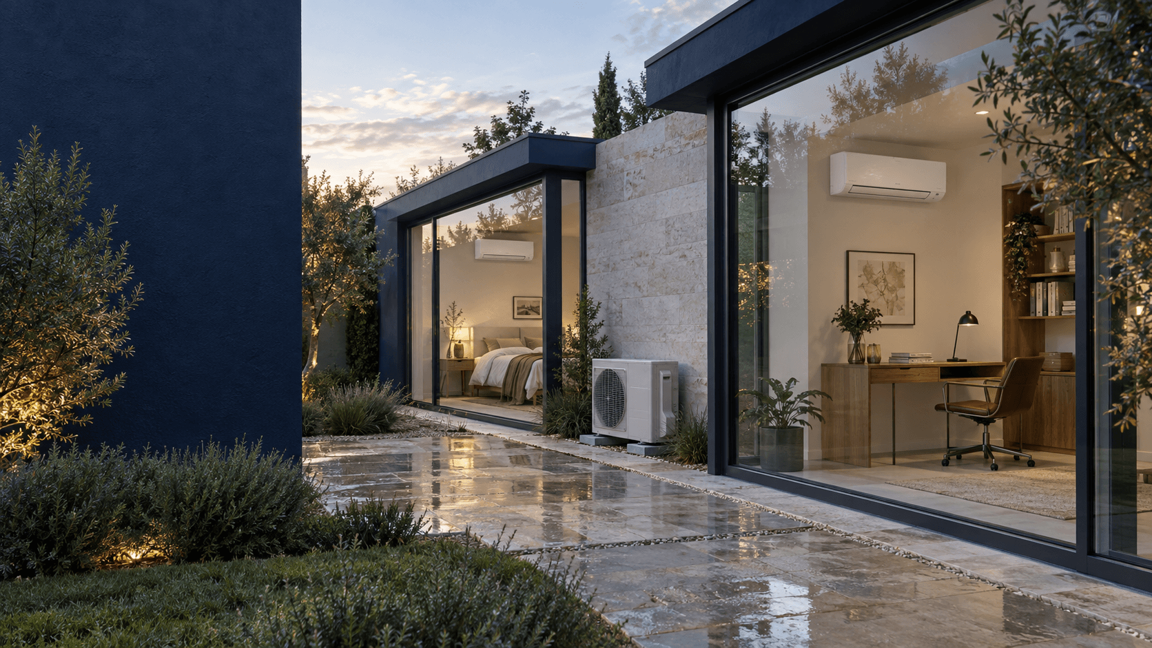 Instalación de aire acondicionado en Tres Cantos — Dos estancias con splits murales y una unidad exterior en un patio para estudiar una instalación en Tres Cantos — Mitsutec