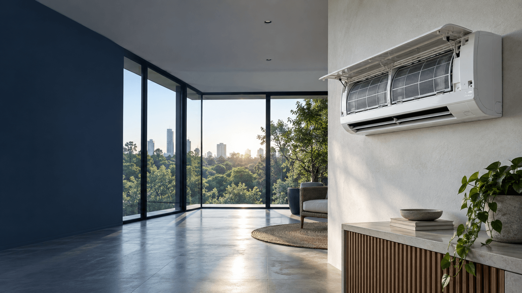 Mantenimiento de aire acondicionado en Tres Cantos — Split mural con el panel levantado y los filtros visibles en un espacio interior junto a un jardín — Mitsutec