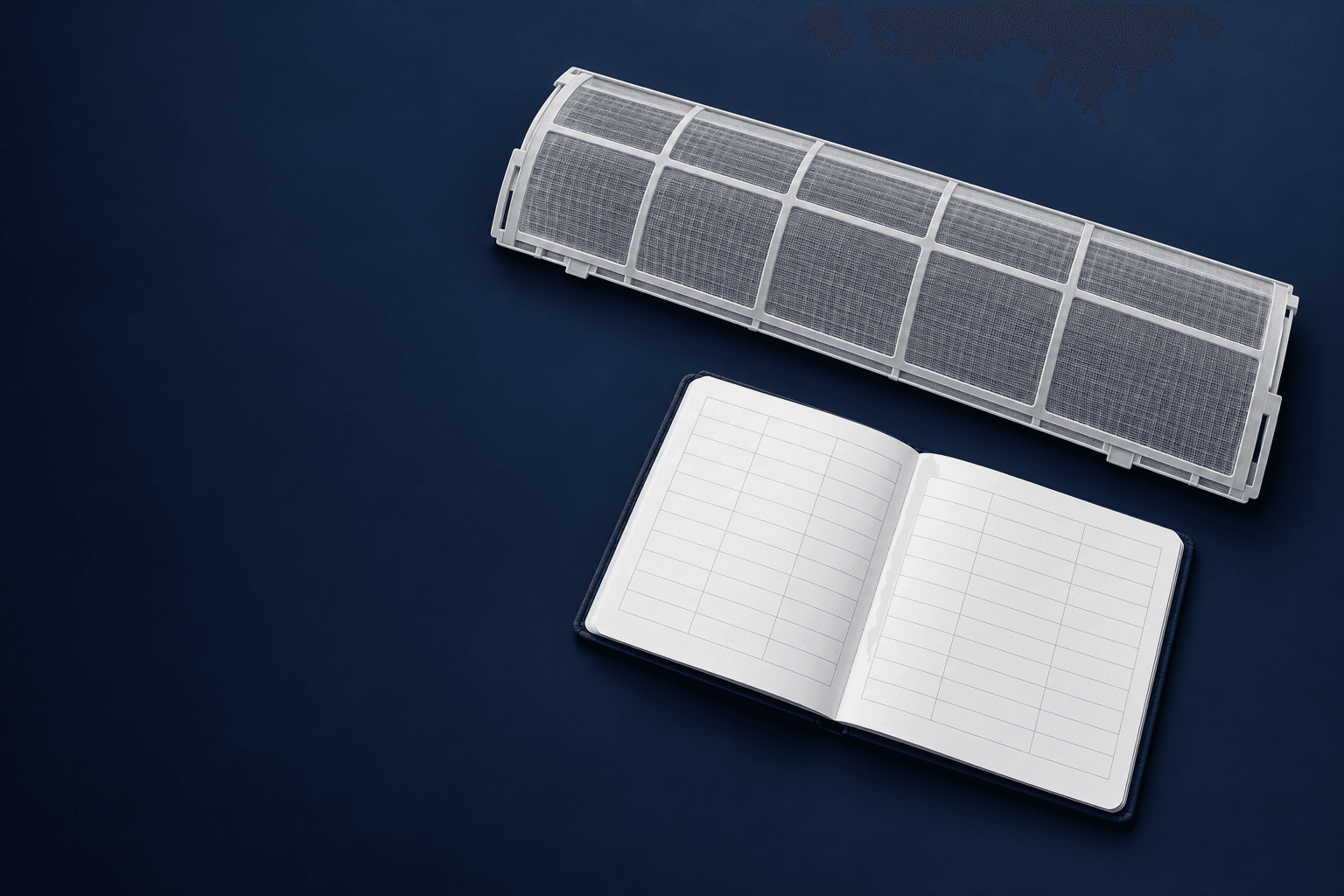 Mantenimiento de aire acondicionado en Valdebebas, Madrid — Filtro de malla junto a una agenda sin anotaciones, ilustración para organizar el mantenimiento del aire acondicionado en Valdebebas — Mitsutec
