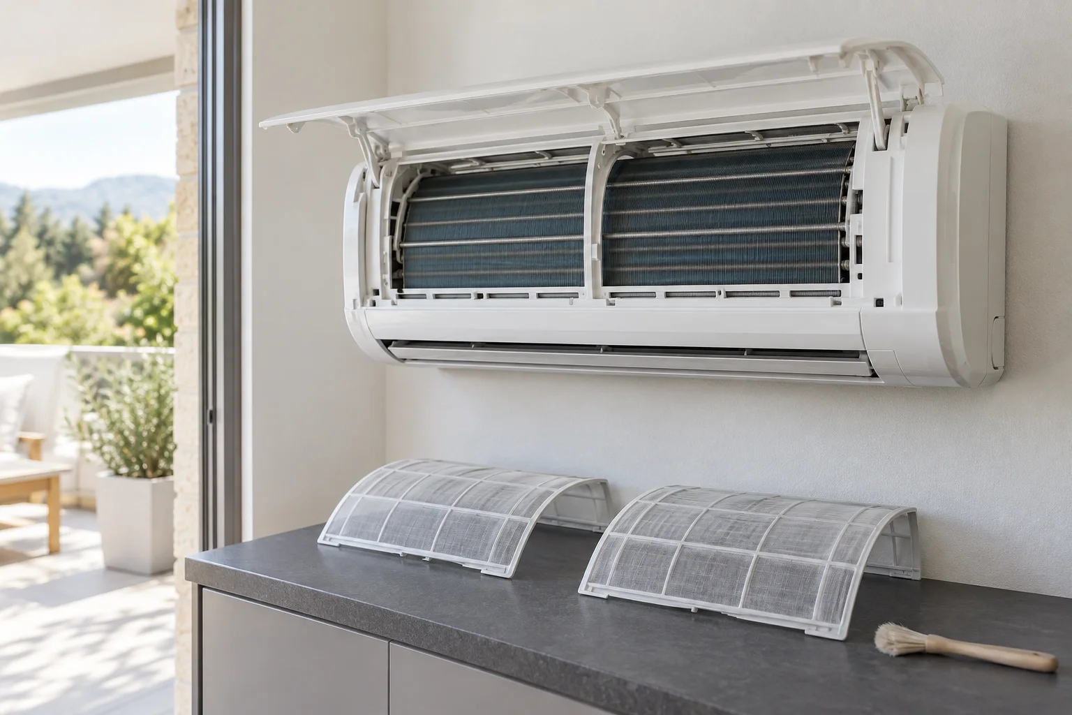 Mantenimiento de aire acondicionado en Madrid — Ilustración de un split de aire acondicionado con la tapa abierta y dos filtros extraíbles sobre una mesa — Mitsutec