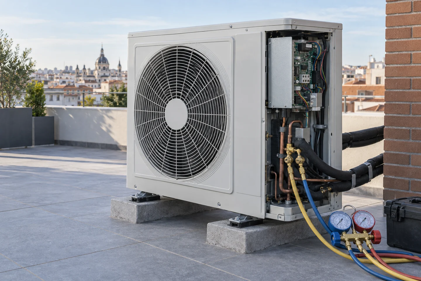 Servicios de aire acondicionado en Madrid. — Reparación de aire acondicionado: unidad exterior con panel de servicio abierto en una terraza — Mitsutec